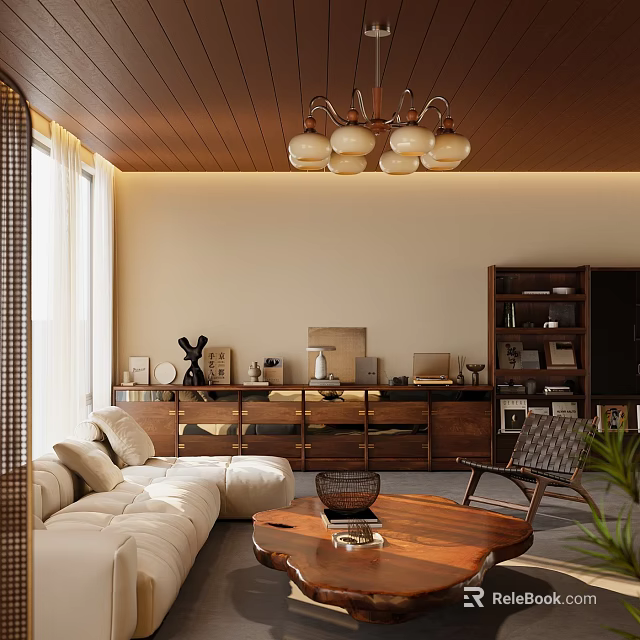 Warm Modern Living Room Interior With Wooden Ceiling Chandelier Light Sofa And Wooden Coffee Table 3d model 