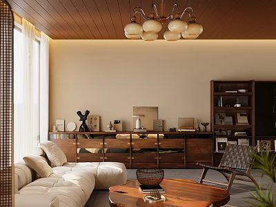 Warm Modern Living Room Interior With Wooden Ceiling Chandelier Light Sofa And Wooden Coffee Table 3d model