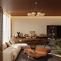 Warm Modern Living Room Interior With Wooden Ceiling Chandelier Light Sofa And Wooden Coffee Table