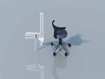 White Swing Door Device With Black Rolling Chair On Light Blue Reflective Background 3d model
