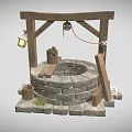 Cartoon Scene of Ancient Well With Wooden Frame Stone Structure Lantern and Bucket