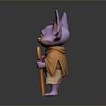 Purple Fantasy Creature with Large Ears Yellow Eyes Brown Scarf Shorts and Crooked Cane