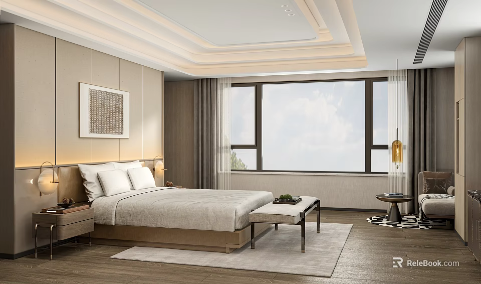 Modern Bedroom Interior Featuring Large Bed Window Area Rug Nightstand And Decorative Art 3d model 