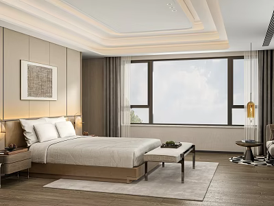 Modern Bedroom Interior Featuring Large Bed Window Area Rug Nightstand And Decorative Art 3d model