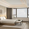 Modern Bedroom Interior Featuring Large Bed Window Area Rug Nightstand And Decorative Art