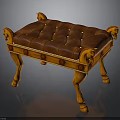 Tufted Brown Leather Stool With Carved Wooden Legs And Decorative Heads