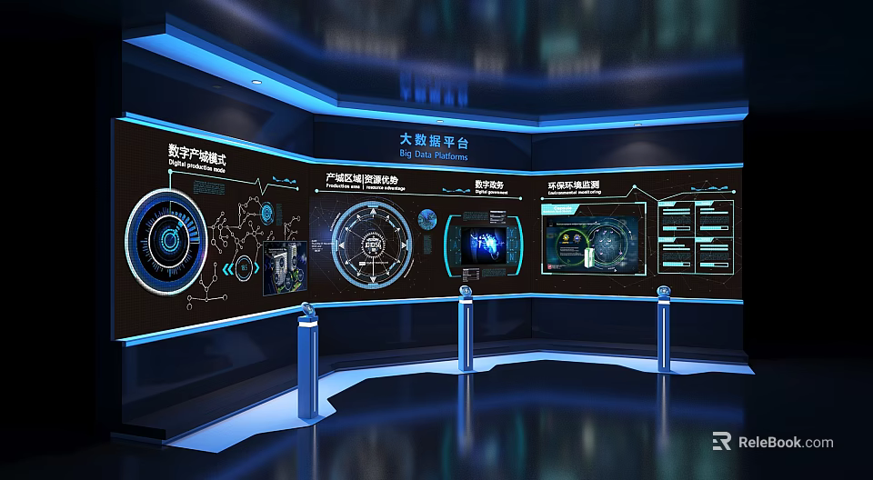 Big Data Exhibition Center With Digital Screens And Interactive Data Visualization 3d model