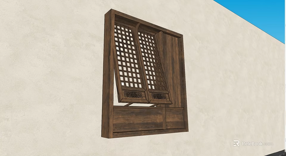 Traditional Carved Wooden Window With Lattice Design Mounted On Light Colored Wall 3d model 
