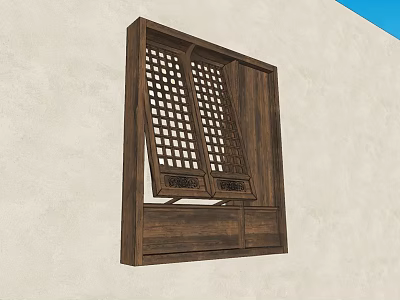 Traditional Carved Wooden Window With Lattice Design Mounted On Light Colored Wall 3d model