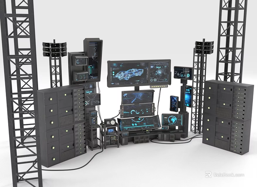 Advanced Projection Monitoring System With Multiple Monitor Screens Equipment Racks Cabinets And Control Console 3d model 