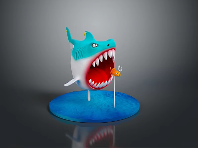 Cartoon Shark Figurine With Open Mouth Sharp Teeth And Small Flag On Blue Circular Base 3d model