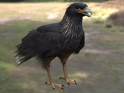 Black Raptor Bird With Yellow Beak Claws Standing On Natural Grassland Habitat 3d model