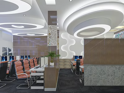 Modern Internet Cafe Interior With Computers Comfortable Seats Service Counter And Stylish Lighting 3d model