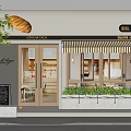 Charming Bakery Cafe Storefront with Striped Awning Glass Windows Bread Decoration and Green Plants