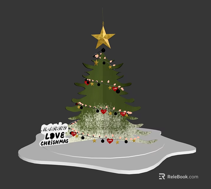 Christmas Tree With Golden Star Top And Merry Christmas Love Decorations 3d model 