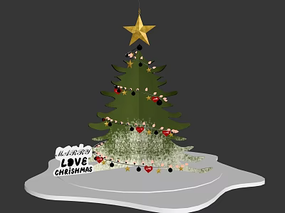 Christmas Tree With Golden Star Top And Merry Christmas Love Decorations 3d model