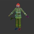 Firefighter in Protective Gear With Red Helmet and Axe Standing on Dark Background
