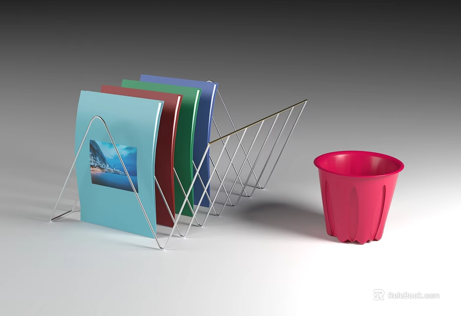 Modern Decorative Ornament Set with Metal Rack Colorful Folders and Red Plastic Cup 3d model 