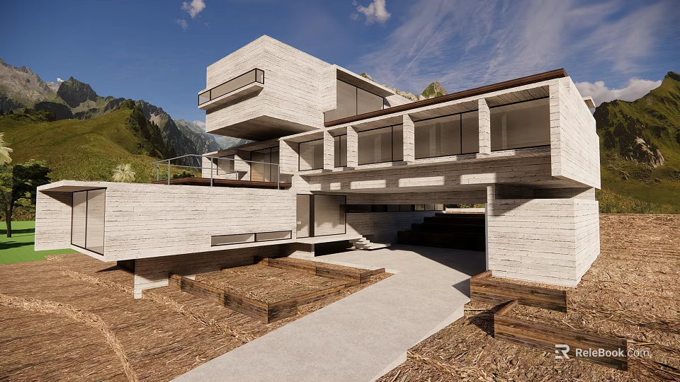Modern Detached Villa with Stone Facade Floor to Ceiling Windows and Mountain View 3d model 