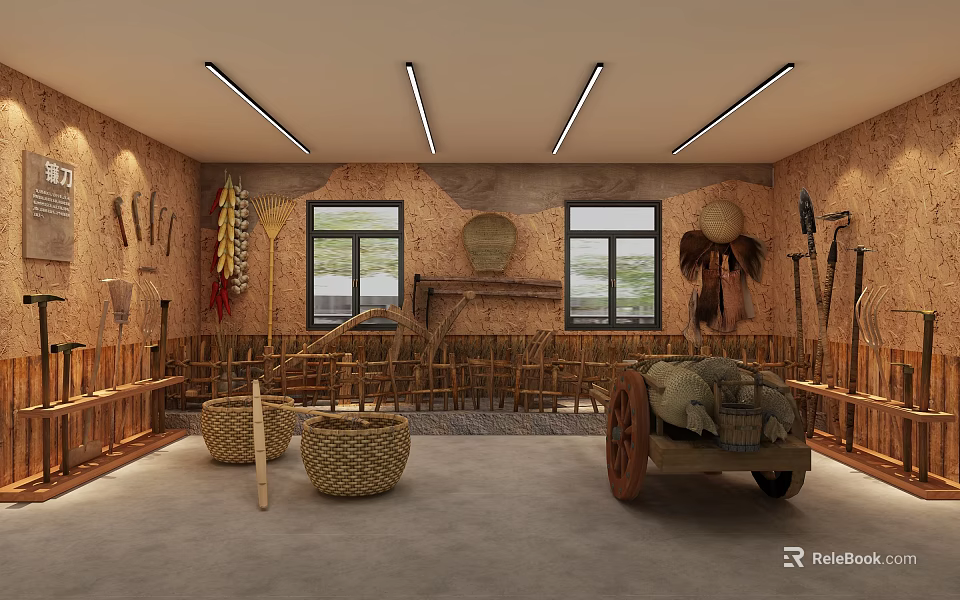 Rural Farm Tools Display Space With Bamboo Furniture Wooden Cart And Wall Decorations 3d model 