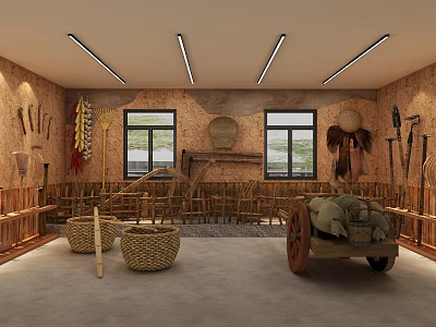 Rural Farm Tools Display Space With Bamboo Furniture Wooden Cart And Wall Decorations 3d model