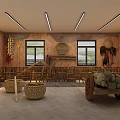 Rural Farm Tools Display Space With Bamboo Furniture Wooden Cart And Wall Decorations