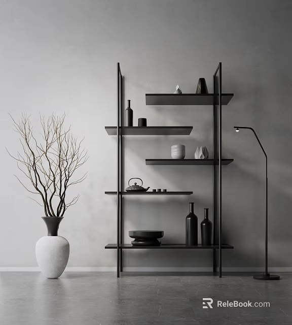 Modern Black Multi Tiered Shelving Unit With Vases Bowls And White Vase On Grey Wall 3d model 