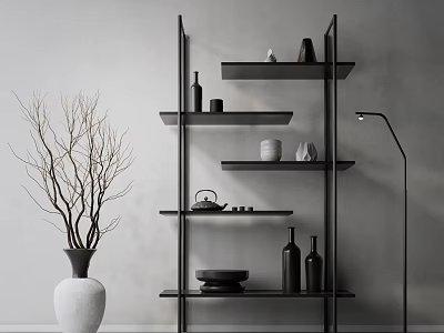 Modern Black Multi Tiered Shelving Unit With Vases Bowls And White Vase On Grey Wall 3d model