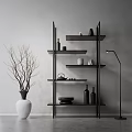 Modern Black Multi Tiered Shelving Unit With Vases Bowls And White Vase On Grey Wall