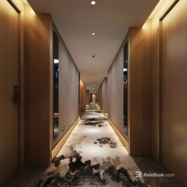Modern Hotel Corridor With Wooden Doors Patterned Carpet Ceiling Lights And Wall Mirrors 3d model 