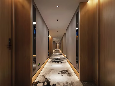 Modern Hotel Corridor With Wooden Doors Patterned Carpet Ceiling Lights And Wall Mirrors 3d model
