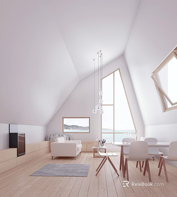 Modern Living Dining Area With Sloped Ceiling Large Windows Hanging Lights White Sofa Dining Table 3d model 