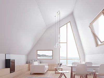 Modern Living Dining Area With Sloped Ceiling Large Windows Hanging Lights White Sofa Dining Table 3d model