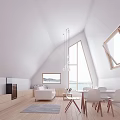 Modern Living Dining Area With Sloped Ceiling Large Windows Hanging Lights White Sofa Dining Table