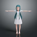 Game Movie Character 3D Model With Green Long Hair White Dress Open Arms Barefoot Pose