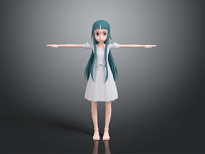 Game Movie Character 3D Model With Green Long Hair White Dress Open Arms Barefoot Pose 3d model