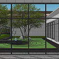 Courtyard Garden Design With Green Lawn Stone Paving And Lush Plants