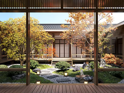 Japanese Courtyard Garden View Through Wooden Frame Window With Autumn Trees Stone Path And Moss 3d model