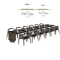 Modern Dining Table Set With Long Table Matching Chairs And Hanging Pendant Lights 3d model