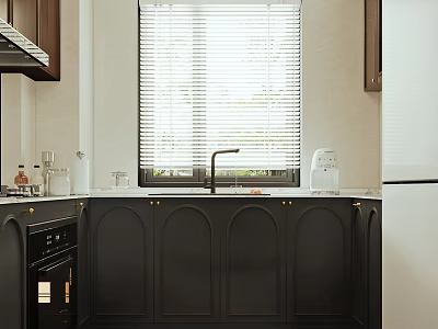 Modern Dark Kitchen Interior With Black Cabinets White Refrigerator Sink Faucet And Window Blinds 3d model