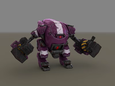Purple Mechanical Robot Game Movie Character With Red Eyes And Arm Weapons 3d model