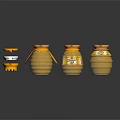 Various Honey Jars With Yellow Lids And Labels On Reflective Surface 3d model