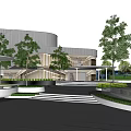 Modern Sales Office Building With Circular Landscape Greenery And Curved Pathway Design