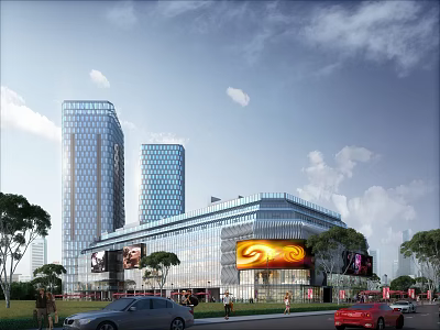 Modern Commercial Complex with Glass Curtain Walls Tall Buildings Shopping Mall Billboards Cars and Pedestrians 3d model
