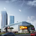 Modern Commercial Complex with Glass Curtain Walls Tall Buildings Shopping Mall Billboards Cars and Pedestrians