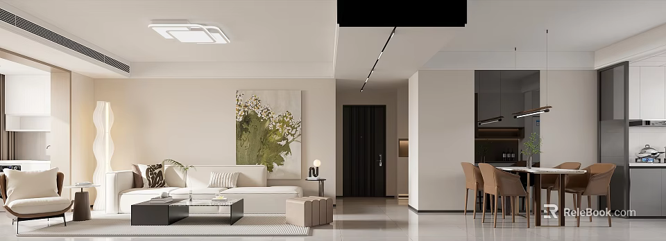 Modern Living Dining Area Interior With White Sofa Coffee Table Dining Chairs And Green Plant Painting 3d model 