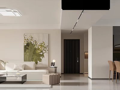 Modern Living Dining Area Interior With White Sofa Coffee Table Dining Chairs And Green Plant Painting 3d model