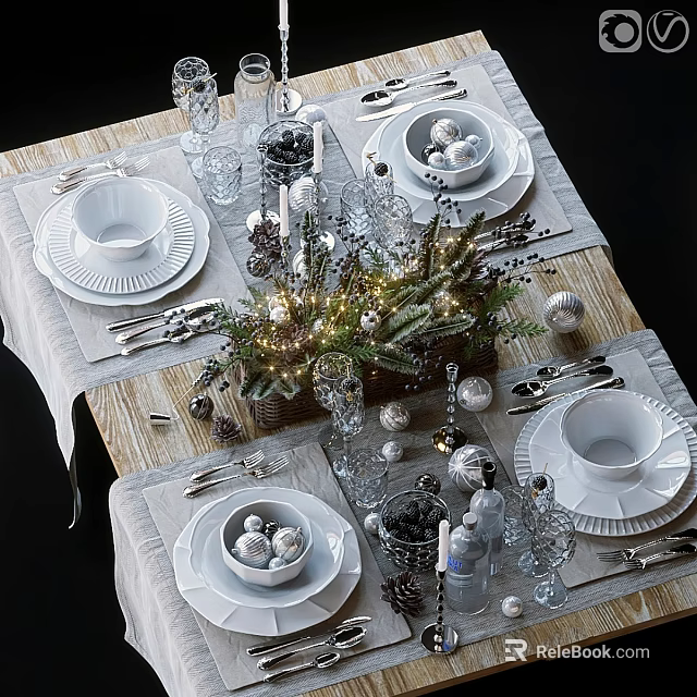 Festive Christmas Table Setting With White Plate Tableware Set Cutlery Cups And Fairy Lights 3d model 