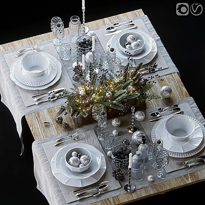 Festive Christmas Table Setting With White Plate Tableware Set Cutlery Cups And Fairy Lights 3d model