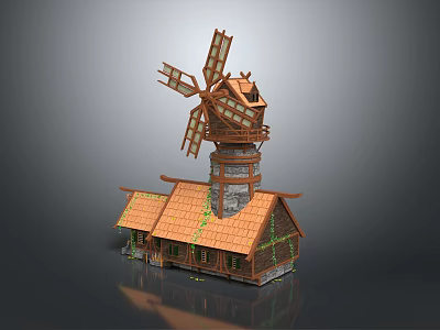 Cartoon Windmill Cottage Scene With Orange Roof Green Vines And Stone Base 3d model